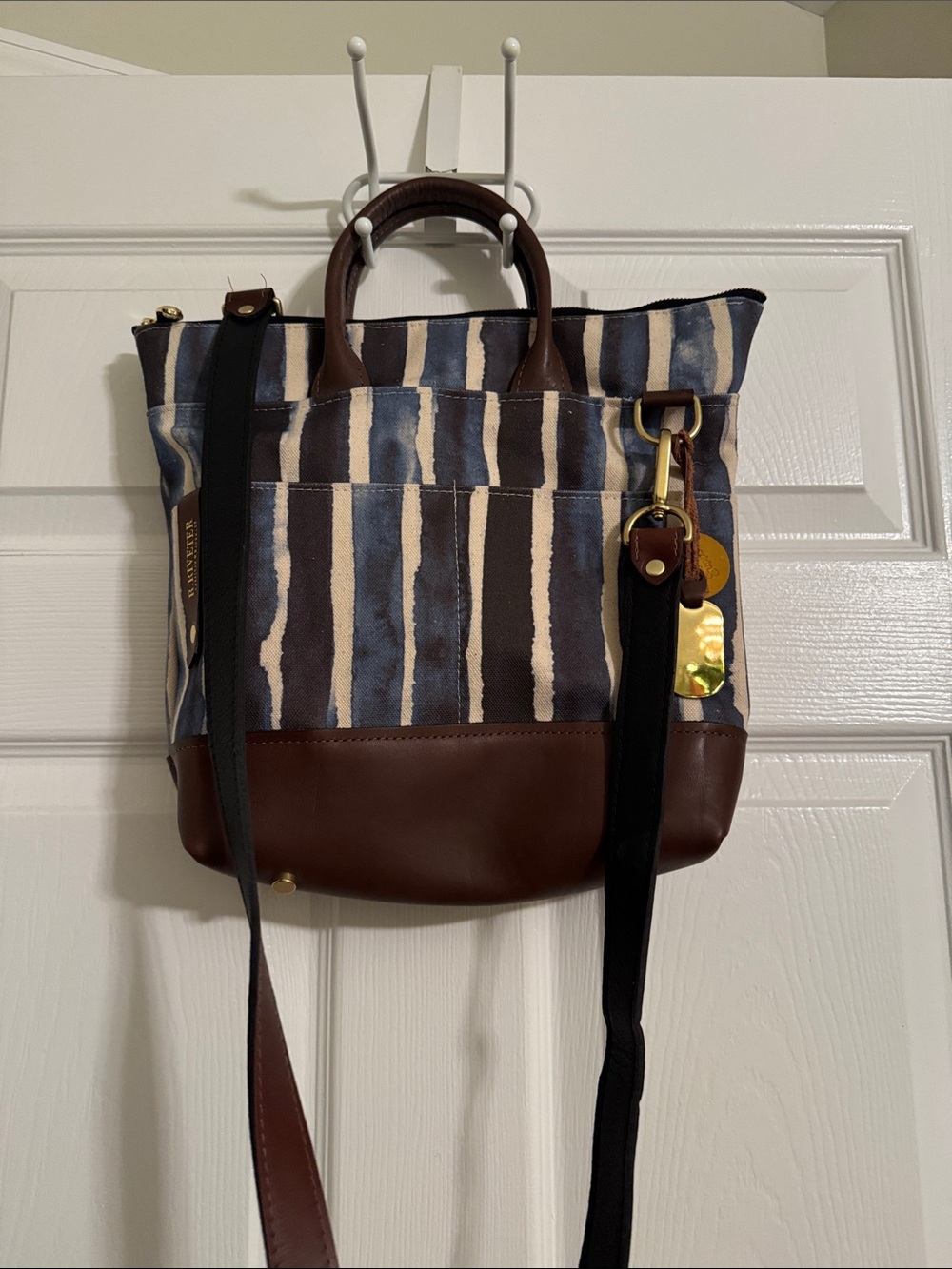 Striped Navy and Brown Canvas Shoulder Bag with Leather Trim